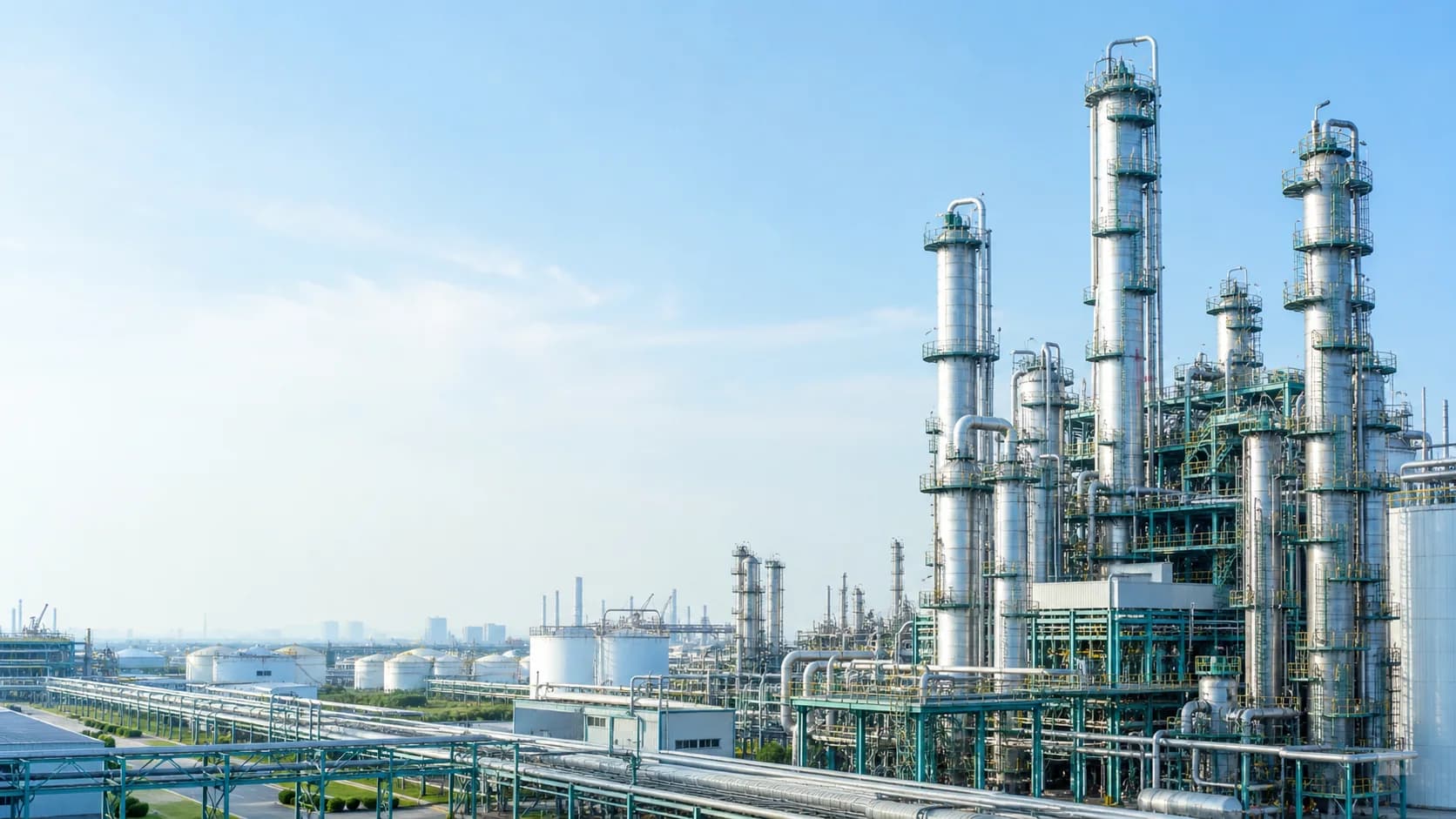 Modern chemical processing base with distillation towers and industrial pipework
